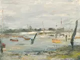 British, Moored sailboats in an estuary possibly Dell Quay by Ronald Ossory Dunlop, oil on canvas, sold Jun 2021