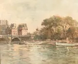 French, Boats on the River Seine with buildings and a bridge beyond by Gustave Madelain, oil on canvas, sold Jun 2021