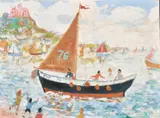 A scene of figure abroad a traditional Cornish boat with St by Simeon Stafford, oil on canvas, sold Jun 2021