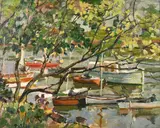 Figures and moored boats on the Thames at Richmond by Llewellyn Petley-Jones, oil on board, sold Jun 2021