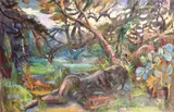 British, A recumbent female nude in an ethereal forest glade by Phillys Bray, oil on canvas, offered Jun 2021