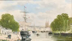 French, A scene of sailboats with figures on the quayside by Gerard Roux, oil on panel, sold Jun 2021