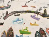 By the Sea' A view of boats in a harbour by Simeon Stafford, oil on panel, sold Jun 2021