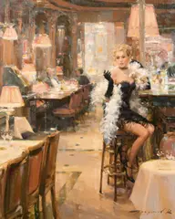 An elegant lady waiting at a bar by Konstantin Razumov, oil on canvas, sold Jun 2021