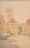 1934) A View of a market square with motor cars by C Roberts, watercolour, sold Jun 2021