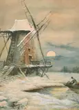 A scene of a boatsman approaching a windmill under moonlight by M.C. Hodges, watercolour, sold Jun 2021
