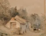 Horse and cart beside a cottage by William Evans, watercolour, offered Jun 2021