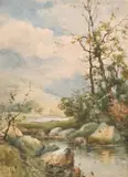 British, Rocky River landscape with mountains beyond by Charles Frederick Albon, watercolour, offered Jun 2021