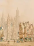 Evreux, Normandy' figures in a busy city street by H. Schafer, watercolour, sold Jun 2021