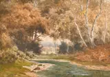 Scene of a woodland stream running through a glade by Edward Horace Thompson, watercolour, sold Jun 2021