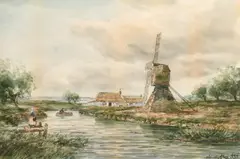British, Figures by a river with a windmill and cottage by John Hamilton Glass, watercolour, offered Jun 2021