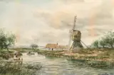 British, Figures by a river with a windmill and cottage by John Hamilton Glass, watercolour, offered Jun 2021