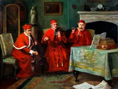 Cardinals in an interior playing musical instruments, together with another of cardinals seated around a table with playing cards, a pair by David W. Haddon, one signed 'D. W. Haddon' (lower left) and one signed 'D. W Haddon' (lower right) oil on panel, sold Mar 2012