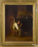 interior scene with a gentleman smoking his pipe by a fire by Eastman Johnson, oil on board, offered Jan 2018