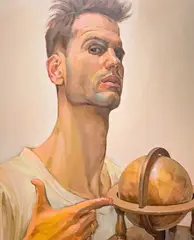 Man with Globe (Self-Portrait) by Jeffrey Asan, 1986, oil on masonite, sold May 2022