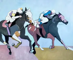 Untitled (Racehorses) by Leonard Alberts, 1981, oil on canvas, sold May 2022