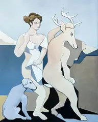 Untitled (Woman with Dancing Deer and Dog) by Leonard Alberts, oil on canvas, sold May 2022