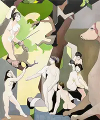 Untitled (Women with Dogs) by Leonard Alberts, oil on canvas, sold May 2022
