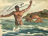 Untitled (Bathers and Turtles) by George Alan Swanson, 1936, watercolor on paper, sold Jun 2022