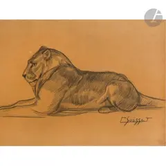 Lionne couchée by Gaston Suisse, vers 1940, Mine de plomb sur papier bistre, sold Apr 2023