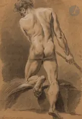 Académie d'homme tirant une corde de dos by Jean-Baptiste Lemoyne, 1752, Crayon noir, estompe et rehauts de craie blanche, sold Mar 2023