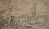 Scène portuaire avec lavandières et voiliers ancrés by Adrien Manglard, Crayon noir, sold Mar 2023