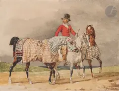 Lad et trois chevaux caparaçonnés by Théodore Géricault, Aquarelle, sold Mar 2023