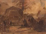 La Mort de saint Louis by François Marius Granet, Plume et encre brune, lavis brun, rehauts d'aquarelle sur traits de sanguine et de crayon, sold Mar 2023