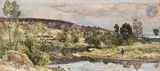 Pêcheur en bord de rivière by Henri Harpignies, 1869, Aquarelle, sold Mar 2023