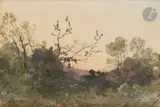 Paysage au crépuscule by Henri Harpignies, 1887, Aquarelle, sold Mar 2023
