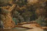 Jeune femme traversant un ruisseau dans un paysage boisé by Paul Huet, 1834, Aquarelle, sold Mar 2023