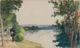 Bord de Seine animé, au loin le pont de Saint-Cloud by Félix Bracquemond, Aquarelle sur traits de crayon noir, sold Mar 2023