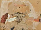 Portrait d'homme barbu tenant une croix by Eduardo Arroyo, 1961, Technique mixte encre, fusain, et collage sur papier marouflé sur toile, sold Oct 2022