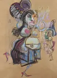 Club folk dame by Mordecai Moreh, 1995, Technique mixte, pastel et encre sur papier brun, sold Oct 2022