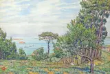 Loguivy, l'anse et barques au mouillage entre les pins, juin 1902 by Henri Rivière, Aquarelle, sold Nov 2020
