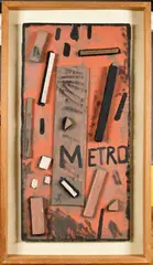 Métro by Mikhail Roginsky, vers 1990, Acrylique et collage d'éléments en bois sur carton ondulé, sold Jun 2024