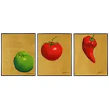 Chile Jalepeño , Tomato and Green Apple (three works) by Georges Le Chevallier, Mixed media on canvas, sold Apr 2023