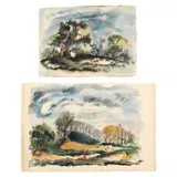 Two Landscape Paintings by Mary Thomas, The first is ink and watercolor on thick wove paper, sold Apr 2023