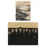 Abstract Trees" and "The Queue" (two works) by Robert Broderson, The first an ink on paper of nine figures in a queue, sold Apr 2023