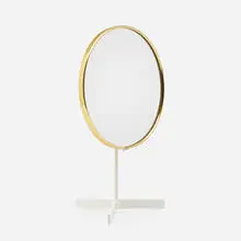 Table mirror by Durlston Designs Ltd., c. 1960, enameled steel, glass mirror, brass, sold Aug 2022