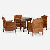 Table and armchairs, set of four by Indonesian, c. 1945, teak, cane, marble, sold Aug 2022