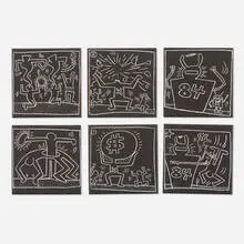 Coasters, set of six by Keith Haring, 2004, glazed ceramic, cork, sold Aug 2022