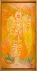 Saint George and the Dragon by Marcia Gaiter, oil on masonite, sold May 2025
