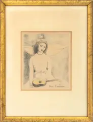 Jeune Fille a la Guitare" [Young Girl with a Guitar] by Marie Laurencin, Etching and Drypoint in Colors, sold Jul 2026