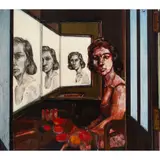 Portrait of a Woman at her Vanity by Vincent Perez, 1966, acrylic on board, sold Jun 2025