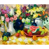 Still Life with Fruit and Flowers by Vincent Fannell, oil on canvas, sold Jun 2025