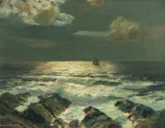 Moonlit Coast by Julius Olsson, oil on canvas, sold Jun 2025