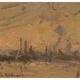 Dusk by Granville Redmond, oil on cigar box lid, sold Jun 2025