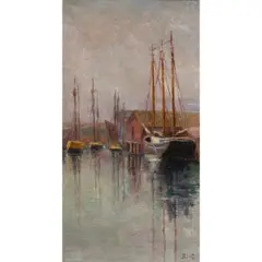 Boats at Dock by Bertha Stringer Lee, oil on board, sold Jun 2025