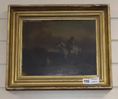 Horse rider and dog in a stormy landscape by J. Freeman, oil on panel, sold Jun 2020